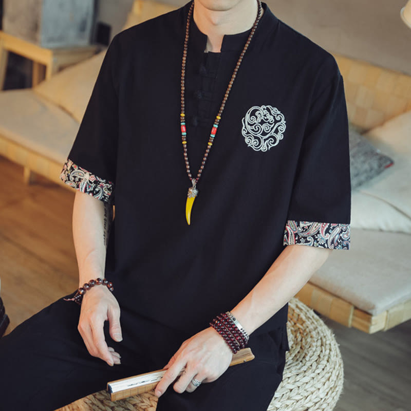 Dragon Embroidery Frog-Button Linen Tang Suit Shirt - Model in black with white cloud, confident