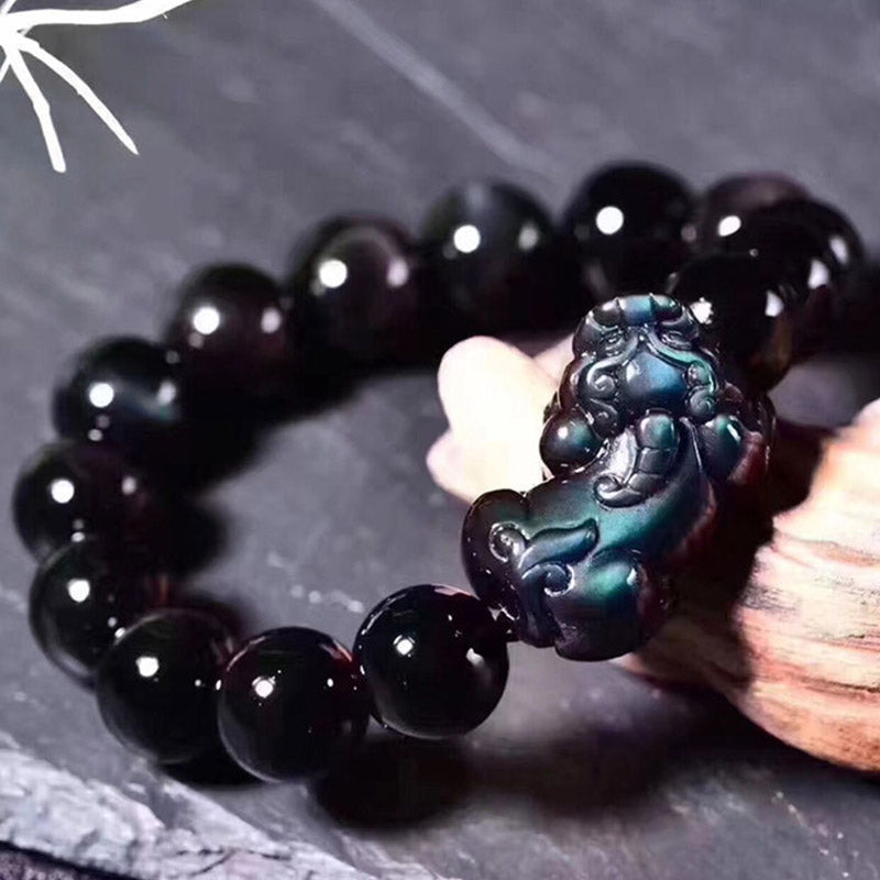 Feng Shui Rainbow Obsidian Bracelet – black obsidian beads blue green Pixiu dark stone, unisex luck