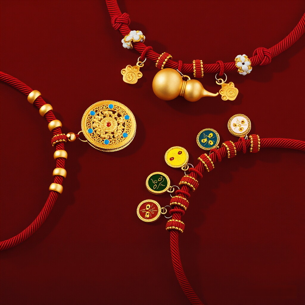 CNY Red Rope Pet Collar - Red cord with gold gourd and five-color enamel charms, festive lucky pet necklace