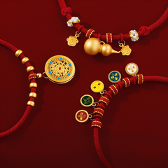 CNY Red Rope Pet Collar - Red cord with gold gourd and five-color enamel charms, festive lucky pet necklace