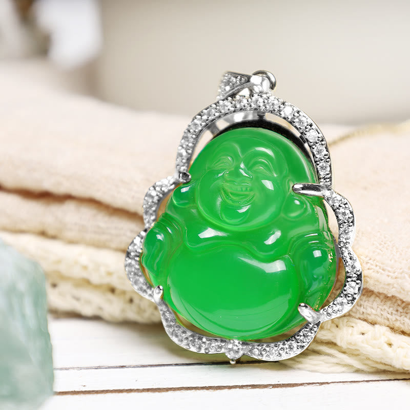 Jade Laughing Buddha Luck Necklace – green jade Buddha on cream knit fabric with silver crystal border, warm texture