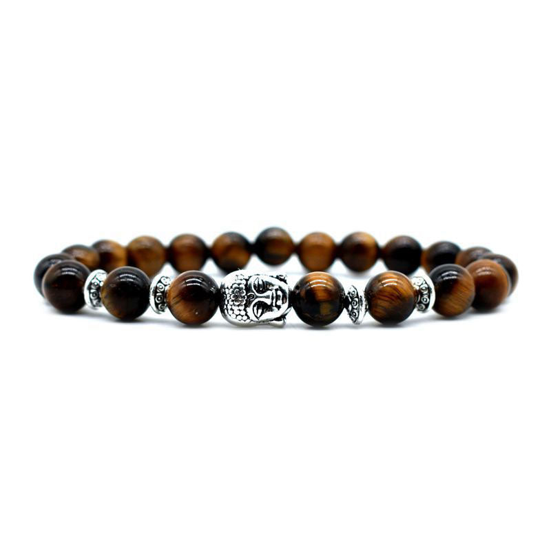 Amethyst Buddha Bracelet – Golden brown tiger eye beads with silver Buddha charm front view, courage