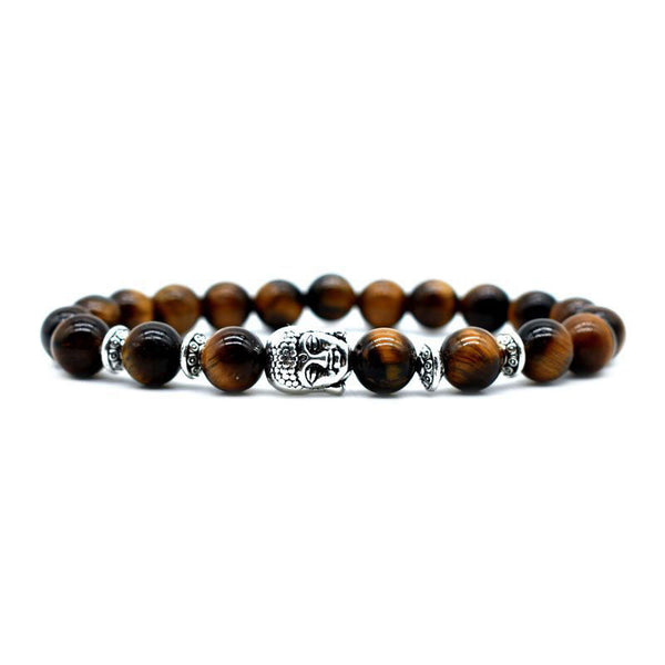 Amethyst Buddha Bracelet – Golden brown tiger eye beads with silver Buddha charm front view, courage