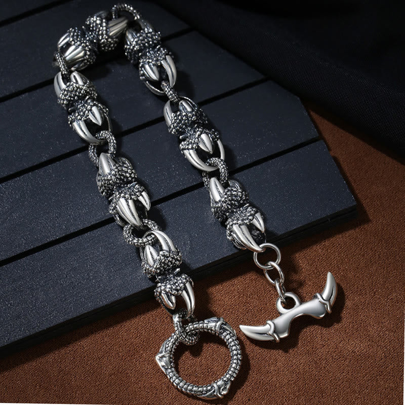 Dragon Claw Engraved Strength Protection Bracelet – Oxidized silver claw bracelet, skull toggle clasp, biker style, Fierce