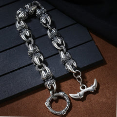 Dragon Claw Engraved Strength Protection Bracelet – Oxidized silver claw bracelet, skull toggle clasp, biker style, Fierce
