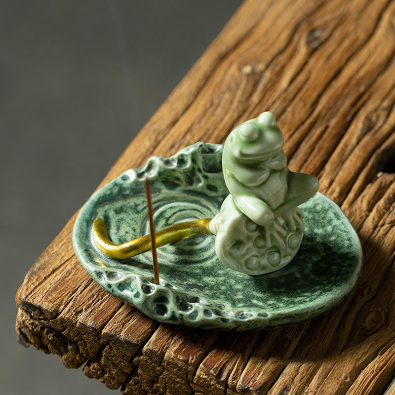 Ceramic Frog Incense Burner – Ripple dish with gold incense holder, Artistic zen