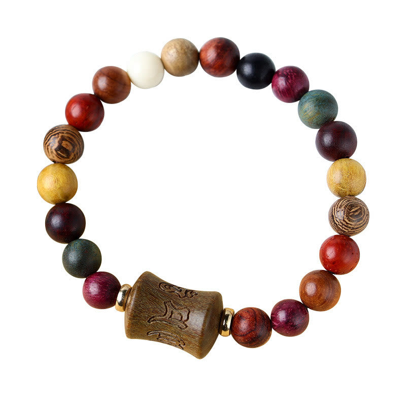 Multicolored Sandalwood Prayer Bracelet – Clean white background overhead shot, full bead layout