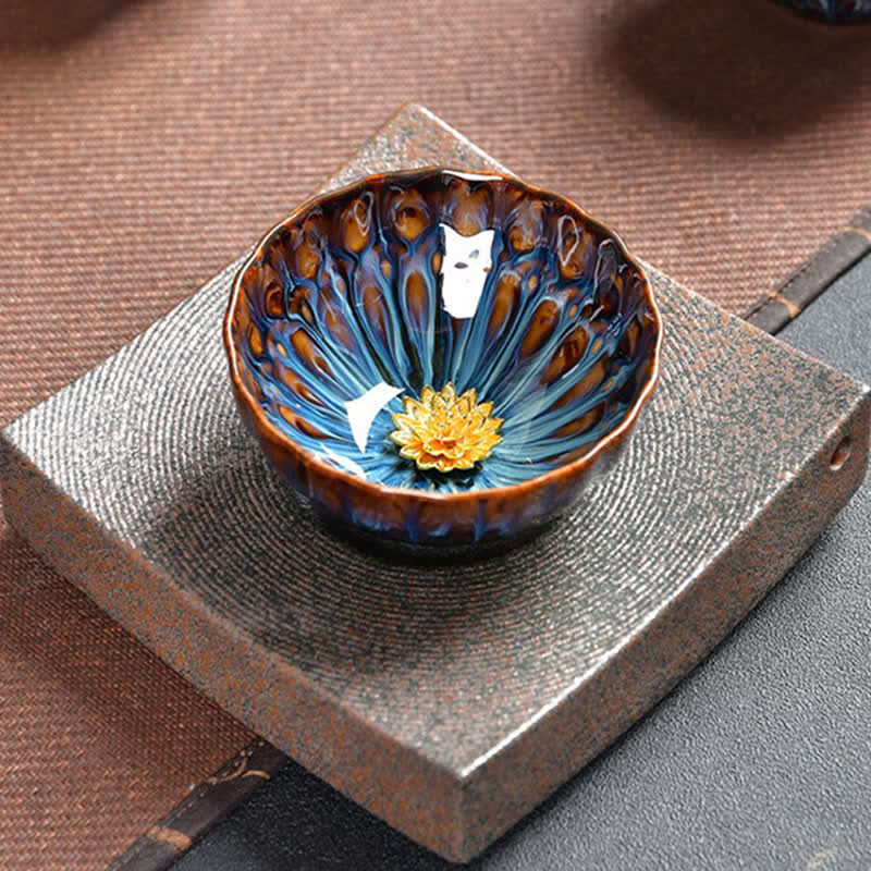 Lotus Peacock Dragon Phoenix Koi Fish Ceramic Teacup – side profile showing cup shape and handle, gaiwan style