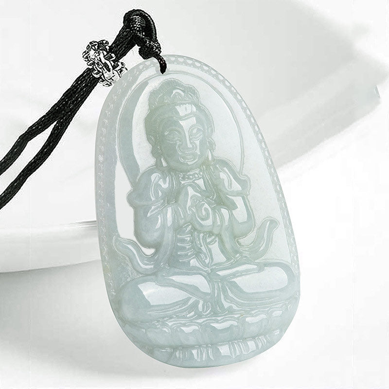 Zodiac Buddha Jade Necklace – front closeup of serene Buddha jade pendant carved in pale green stone, lotus throne