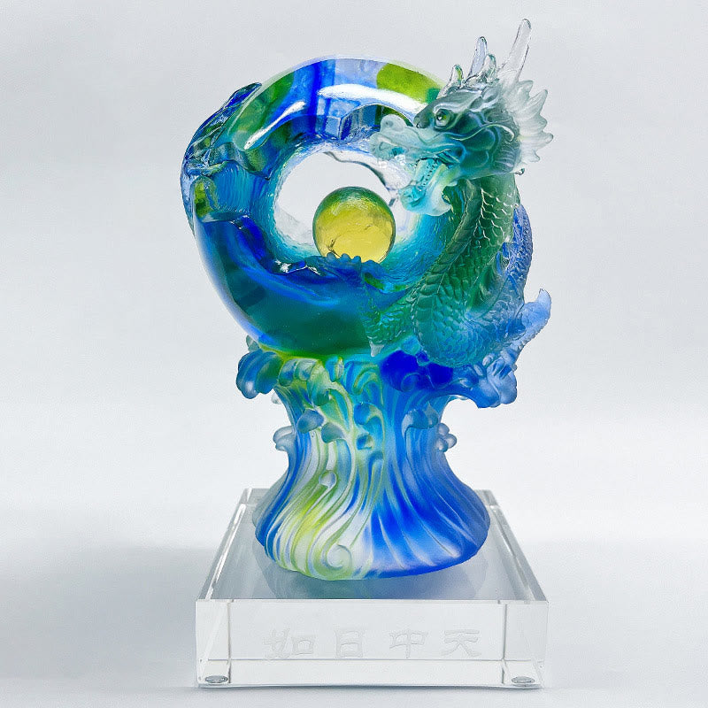 Azure Dragon Liuli Crystal – coiled dragon silhouette with teal gradient, auspicious gift