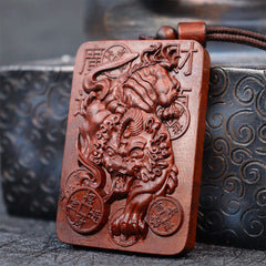 Lightning Struck Jujube Wood PiXiu – Carved wood PiXiu pendant side angle detail