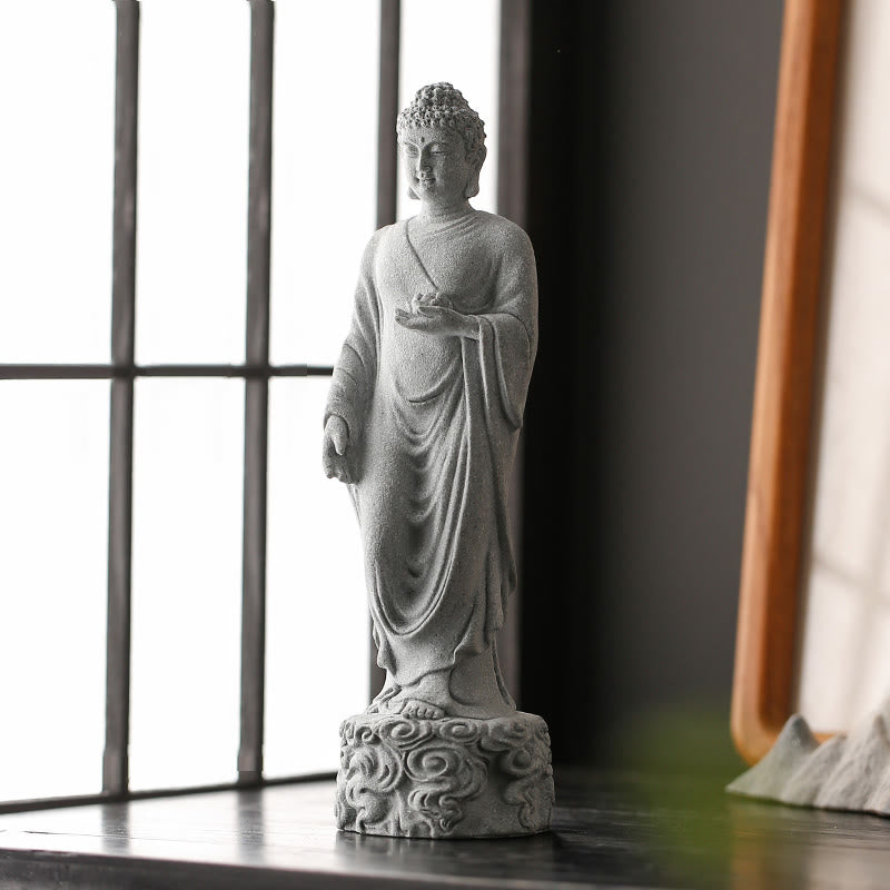 Auspicious Buddha Sandstone – serene meditation posture stone grain, clouds home decor accent