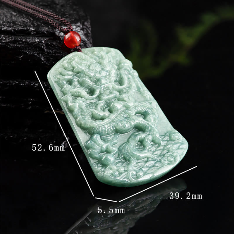 Natural Jade Dragon Pendant – Jade dragon plaque sized 52.6mm on reflective black stone, Precise dimensions