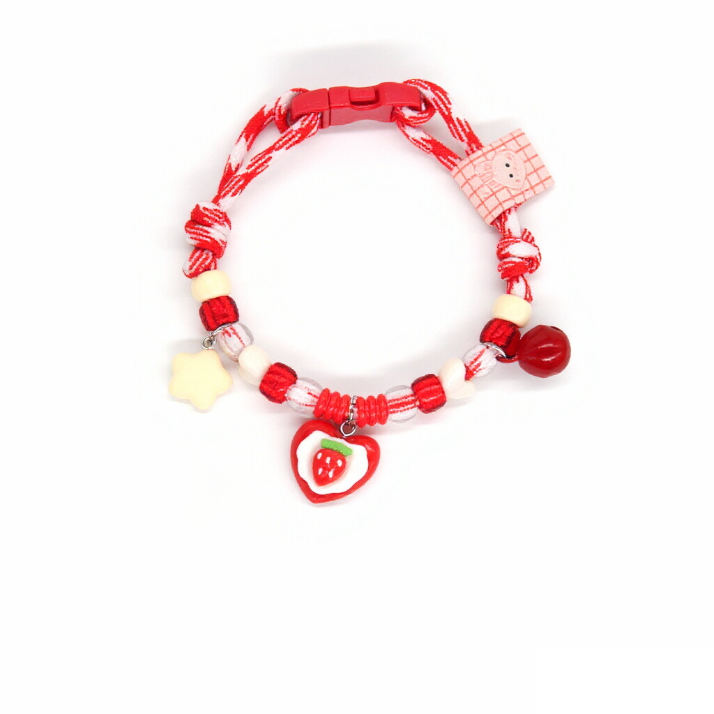 Adjustable Cat Collar – Red-white striped rope with strawberry heart, star & red bell, cute collar