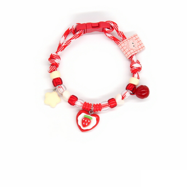 Adjustable Cat Collar – Red-white striped rope with strawberry heart, star & red bell, cute collar