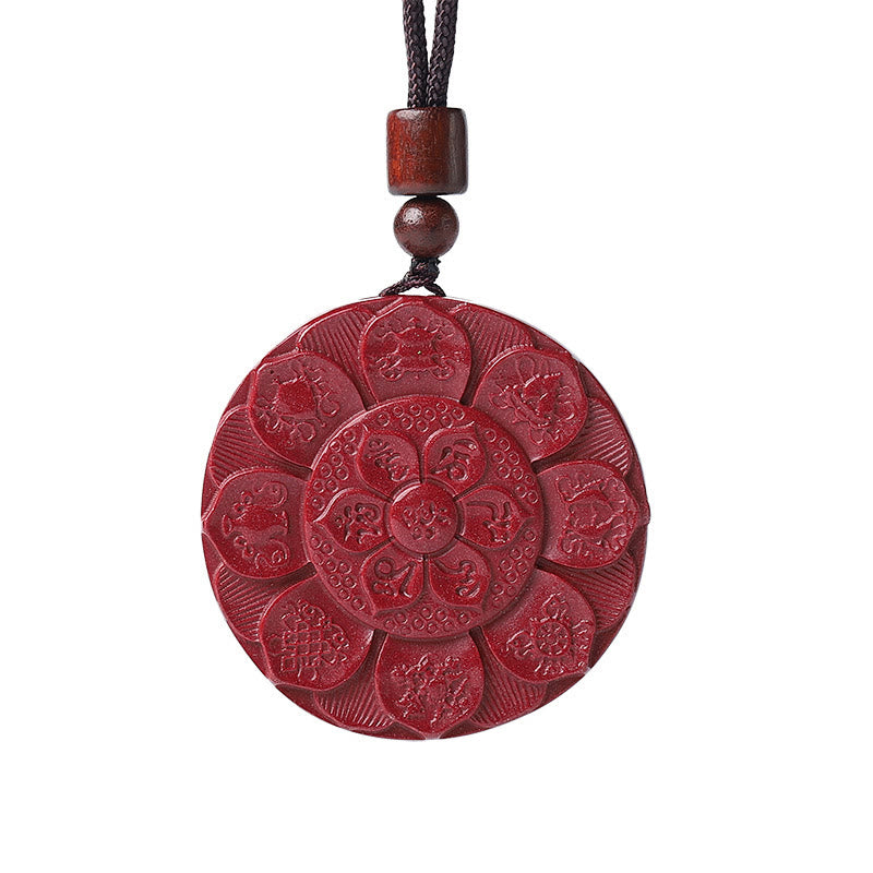 Cinnabar Om Mani Padme Hum Lotus Necklace – red carved disc on cord with wooden beads, lotus amulet