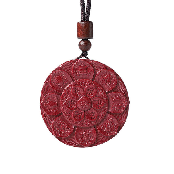 Cinnabar Om Mani Padme Hum Lotus Necklace – red carved disc on cord with wooden beads, lotus amulet