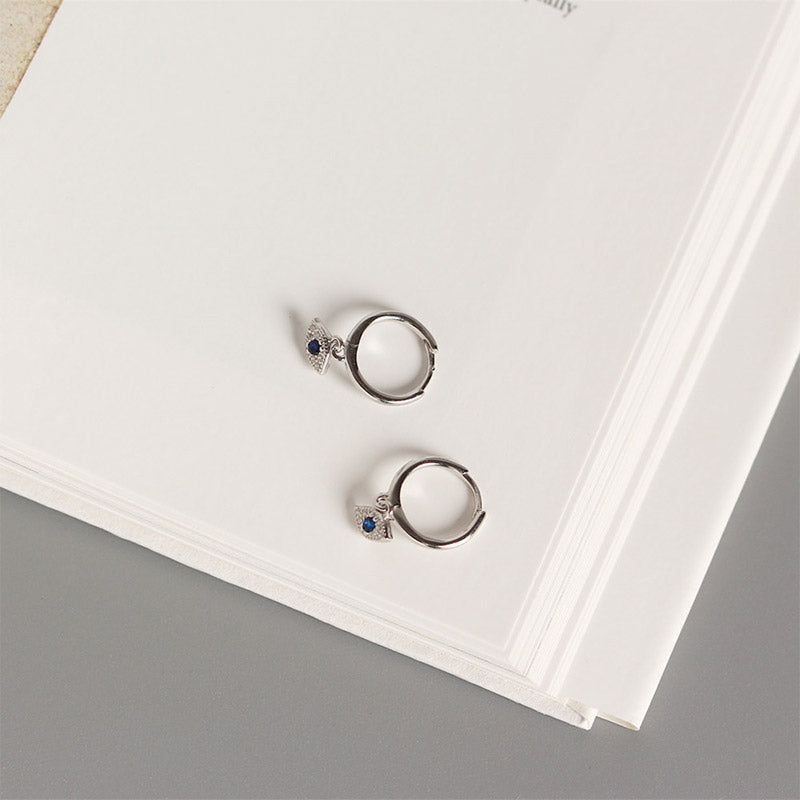 Sterling Silver Evil Eye Earrings on Open Book Page, Blue Center Stone Dangle Charm