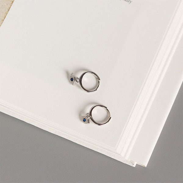 Sterling Silver Evil Eye Earrings on Open Book Page, Blue Center Stone Dangle Charm