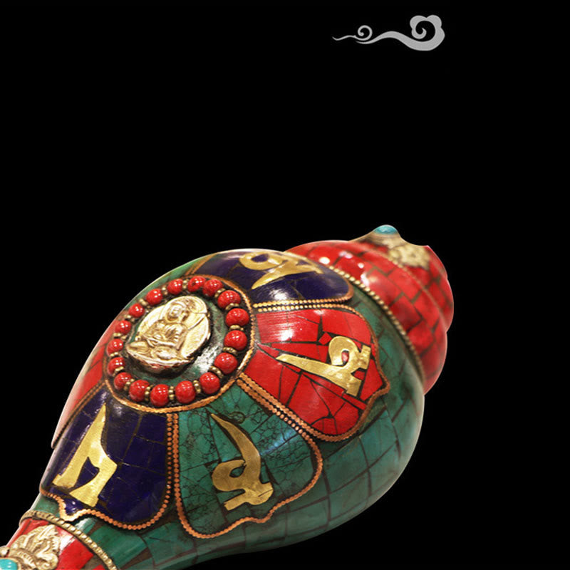 Shankha Om Mani Conch – placed on woven mat with incense sticks, meditation room decoration setup