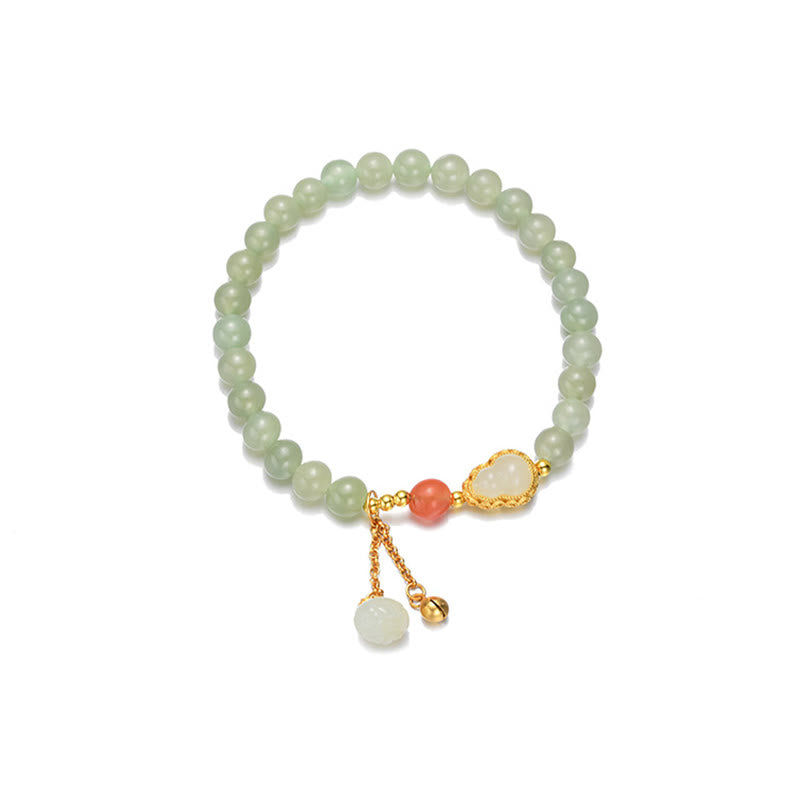 Hetian Jade Gourd Lotus Bracelet flat lay white background with size annotations, gourd charm and bell dangle