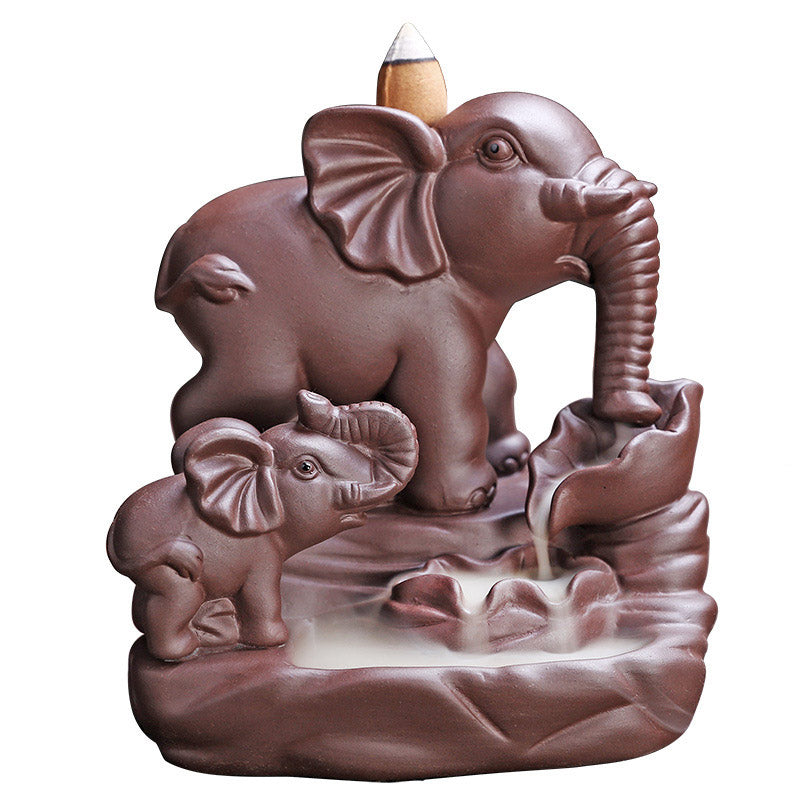 Elephant Purple Clay Incense Burner – Full product on white bg with smoke waterfall from trunk, backflow cone