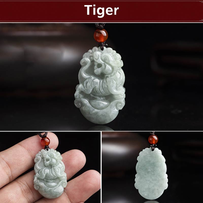 Natural Jade Chinese Zodiac Pendant – Tiger with carved cloud border, bravery