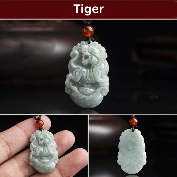 Natural Jade Chinese Zodiac Pendant – Tiger with carved cloud border, bravery