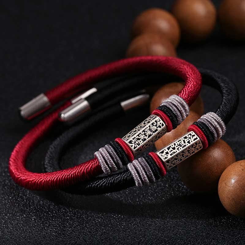Om Mani Padme Hum Red Bracelet – Red and black cord pair intertwined with etched silver beads, unisex meditation bracelets