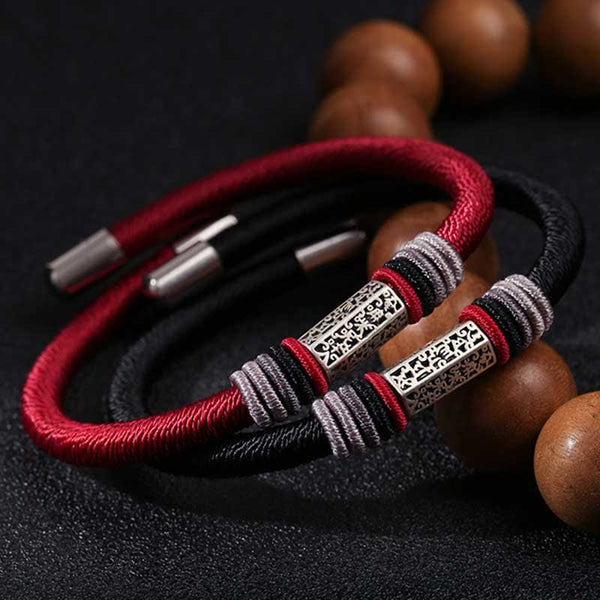 Om Mani Padme Hum Red Bracelet – Red and black cord pair intertwined with etched silver beads, unisex meditation bracelets