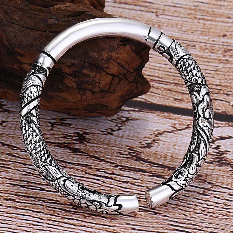 Dragon Auspicious Clouds Bangle – oxidized dragon cuff on weathered wood, Masculine Jewelry