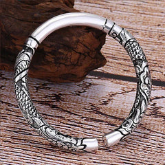 Dragon Auspicious Clouds Bangle – oxidized dragon cuff on weathered wood, Masculine Jewelry