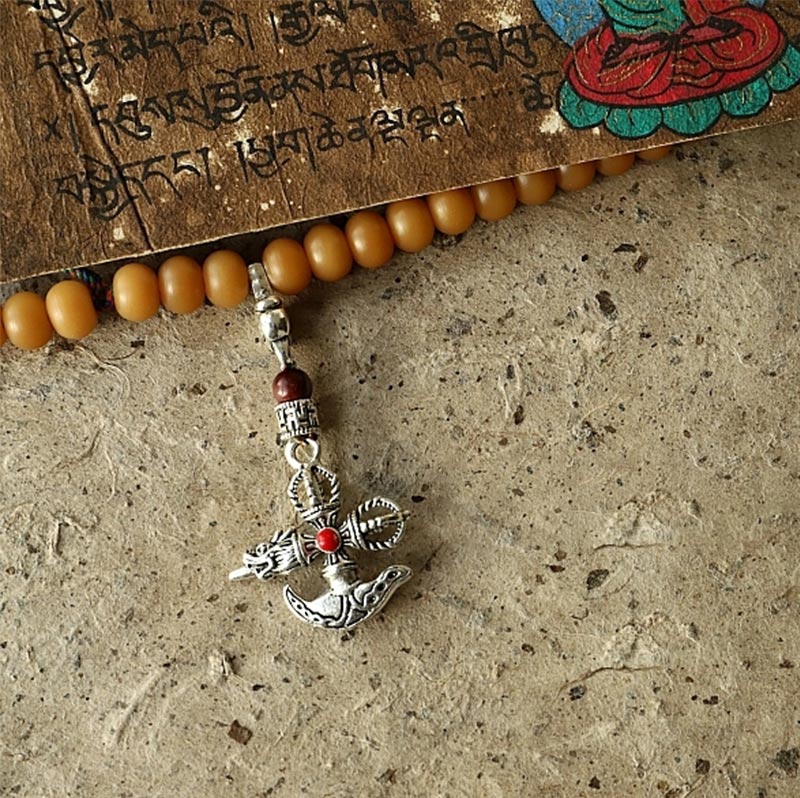 108 Bodhi Seed Mala Bracelet – Amber mala with silver vajra pendant and coral on handmade paper