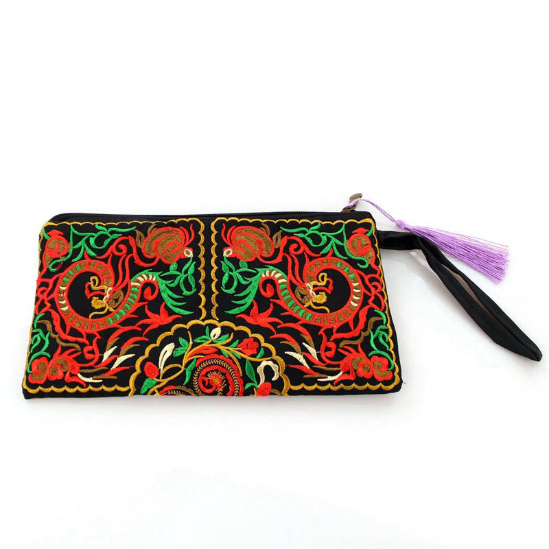 Dragon Butterfly Embroidery Wallet - Flat view of symmetrical dragon embroidery, Traditional