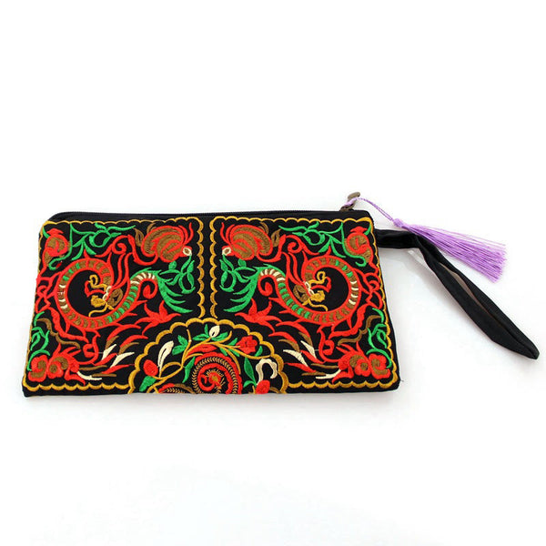 Dragon Butterfly Embroidery Wallet - Flat view of symmetrical dragon embroidery, Traditional