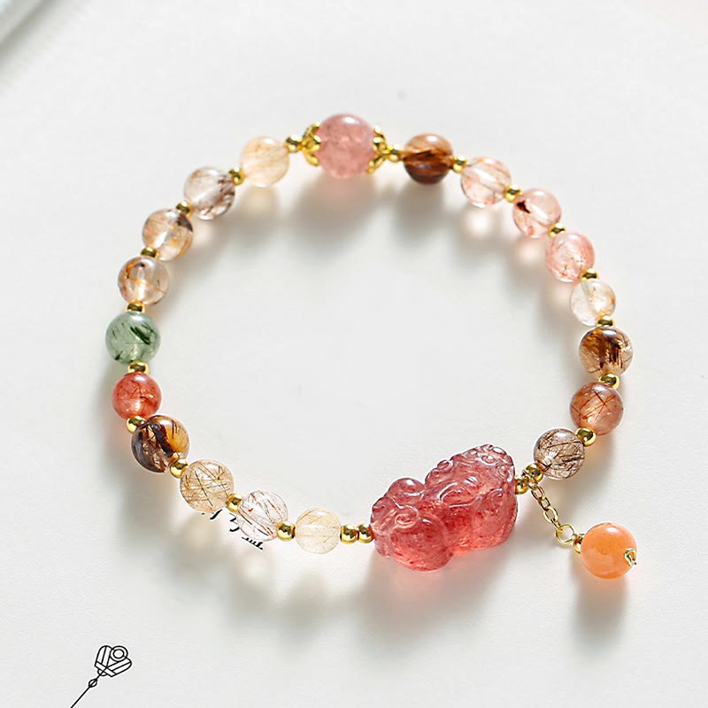 Rutilated Quartz Strawberry Quartz PiXiu Bracelet, image 1, healing bracelet