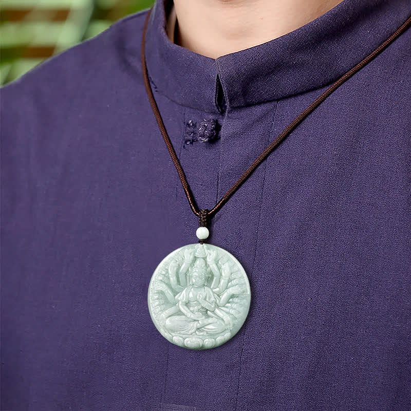 Thousand-Hand Kwan Yin Jade Necklace – side profile with jewel crown, mindfulness prosperity figure