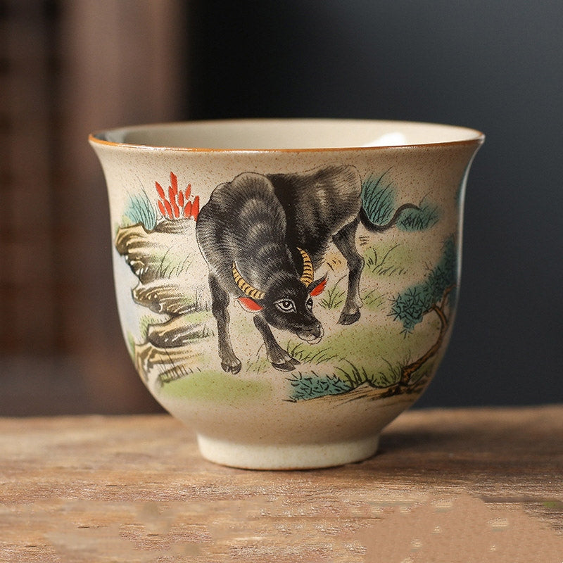 Chinese Zodiac Ceramic Teacup - hand holding tiger zodiac stoneware cup, rustic artisan tea ware