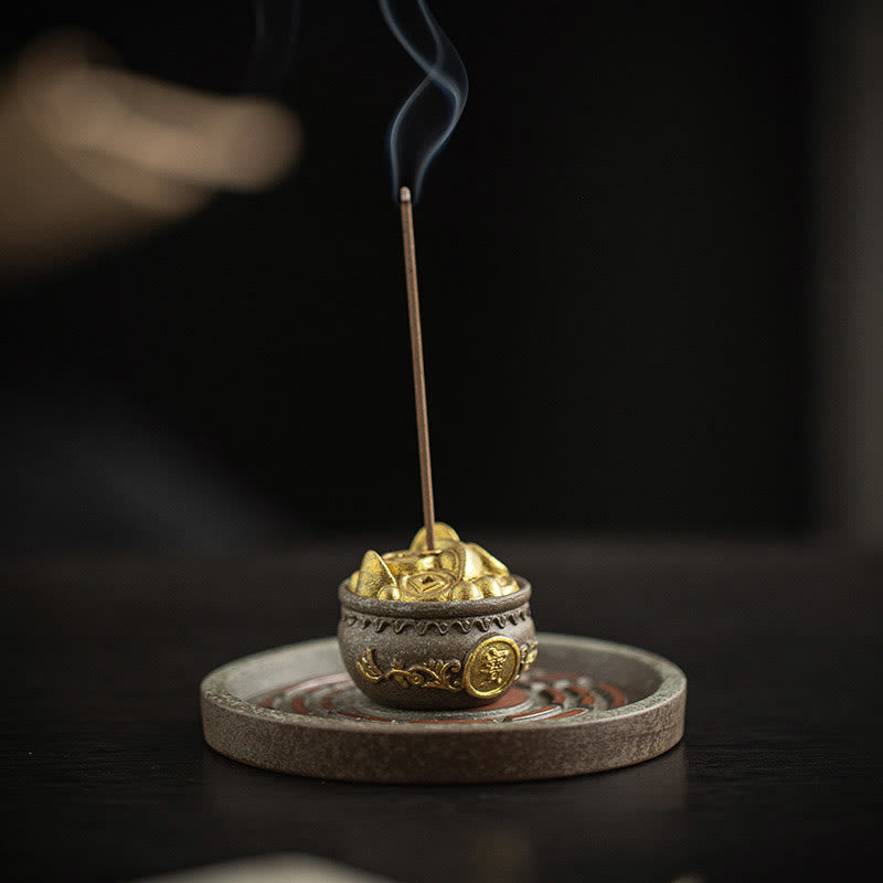 Ceramic Incense Burner – Treasure bowl filled with gold ingots on stone-textured base, feng shui decor