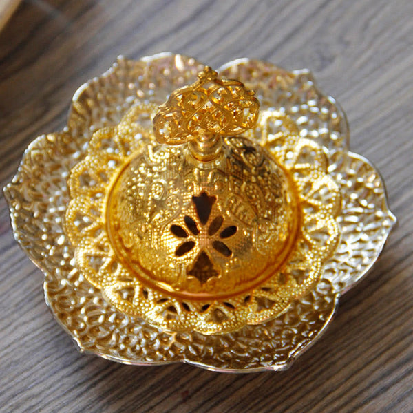 Gold Leaf Coaster Incense Burner top-down view showing radial symmetry and tiers, alloy incense burner