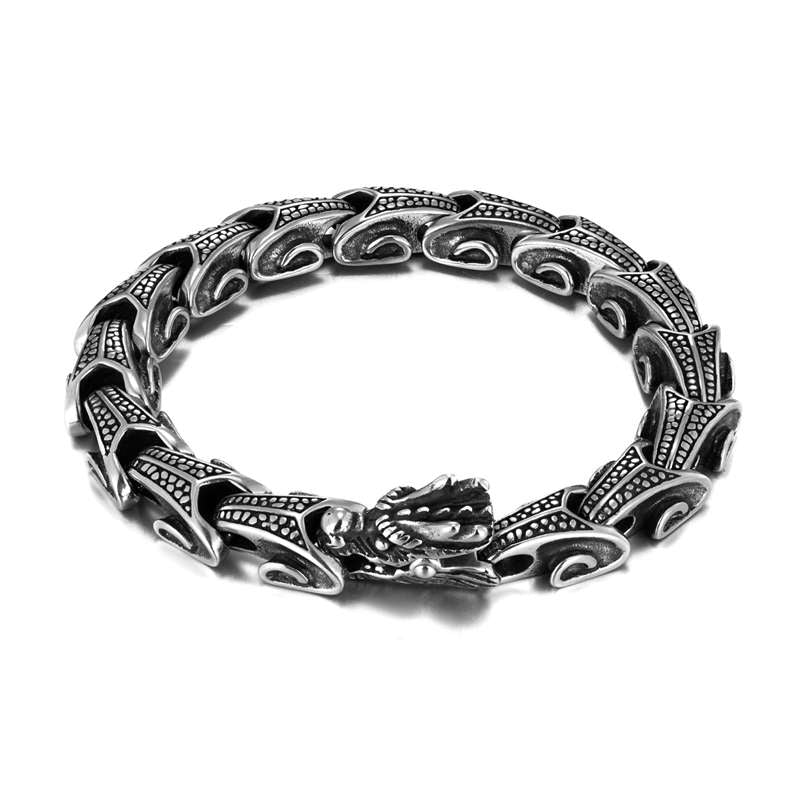 Dragon Titanium Steel Luck Bracelet Bangle - articulated dragon-scale links on white studio background, statement jewelry