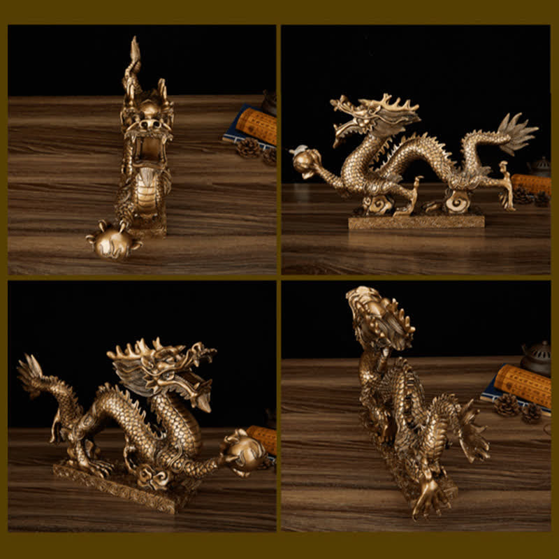 Golden Dragon Statue - four-panel dark wood incense burner, ornate, feng shui