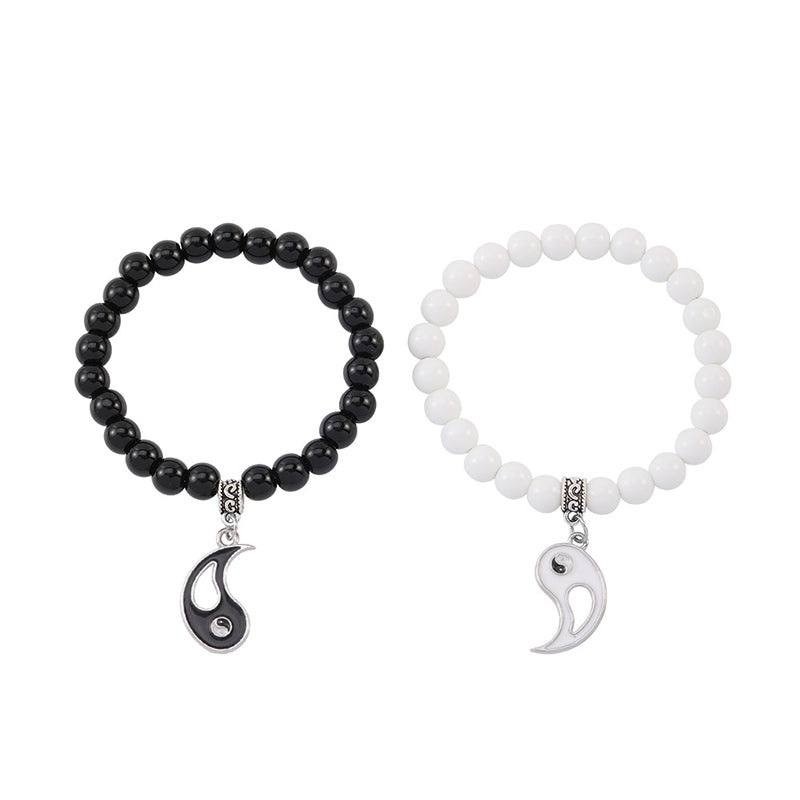 Yin Yang Protection Couple Bracelet - Black and white beaded stretch bracelets with silver yin-yang charms, his and hers j...