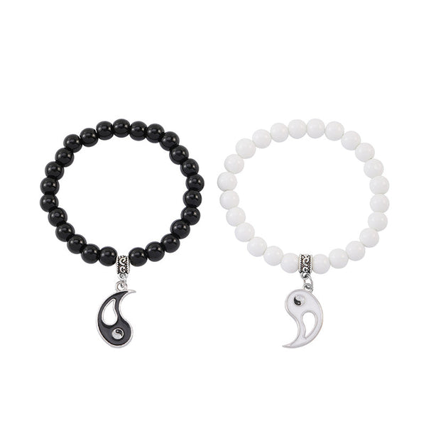 Yin Yang Protection Couple Bracelet - Black and white beaded stretch bracelets with silver yin-yang charms, his and hers j...