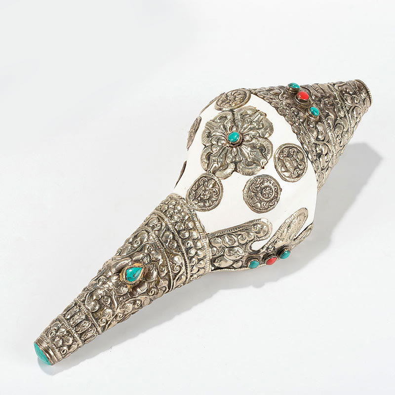 Tibetan Shankha Conch Shell Decoration – Conch with wing panel, turquoise coral on silver, dark wood stand, Rare