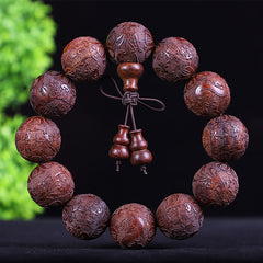 Chinese Zodiac Rosewood Ebony PiXiu Set – dark red wood carved bracelet, intricate totem pattern, feng shui blessing warmth
