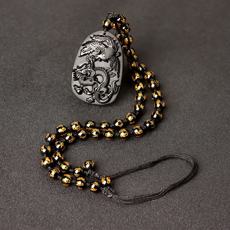 Black Obsidian Tiger Eye Dragon Phoenix Necklace – dragon-phoenix obsidian with gold-inscribed bead strand, protective