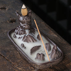 Ceramic Dragon Burner - white smoke waterfall over mountain peaks, mystical, tranquil