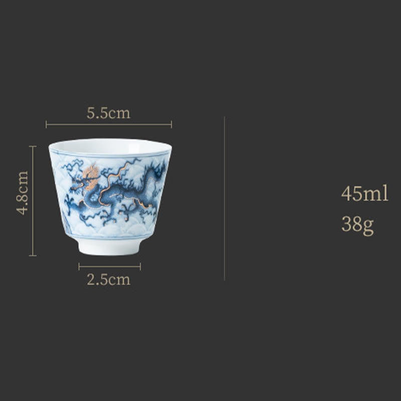 Blue & White Dragon Ceramic Teacup – single cup with 45ml dimension overlay, 5.5cm, gongfu size