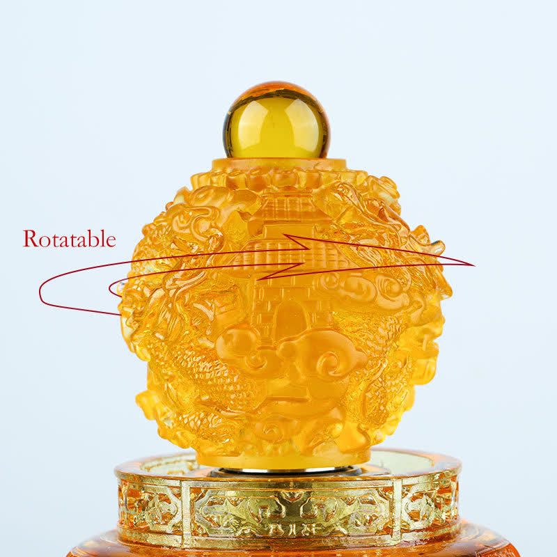Rotatable Amber Dragon Sphere – Golden crystal ball with dragon relief on gold stand, Luck